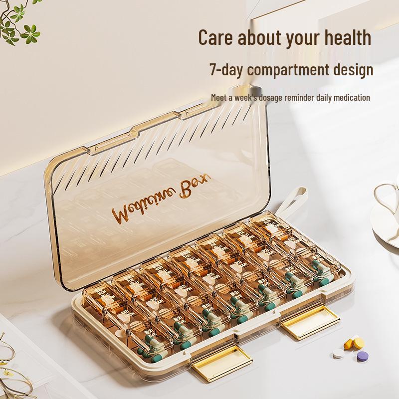 Portable Weekly Pill Organizer with Transparent, Sealed Compartments.