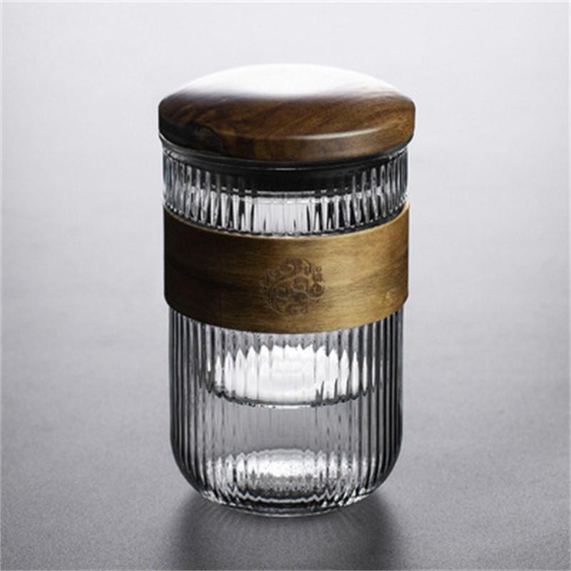 

Japanese Style Heat-resistant Glass Tea Cup with Walnut Holder Transparent Tea Water Separation Filter Cup Tea Maker Cup 365ml