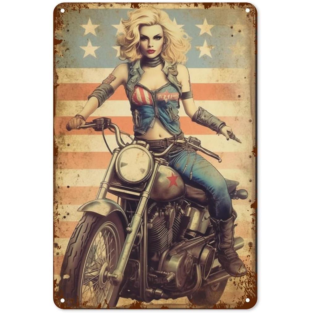 Metal Tin Signs Pinup Motorcycle Girl Wall Decoration Plaque Vintage Poster Iron Painting for Man Cave Home Cafe Garden Club Bar