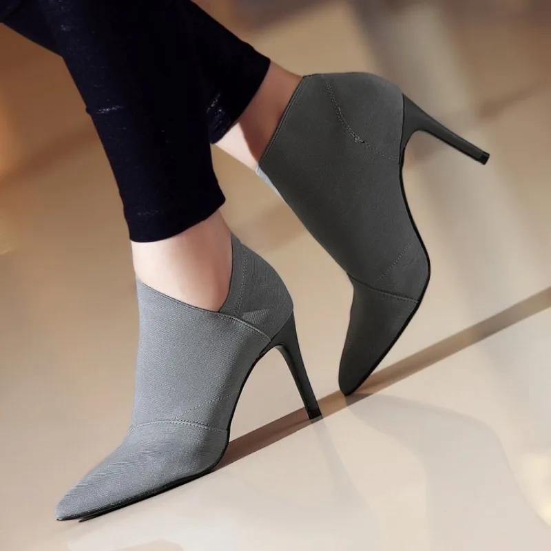 European and American Style Women's Boots 2024 Autumn New Item Solid Color Pointed Temperament Set Foot Thin Heel Short Boots