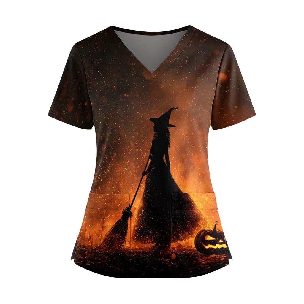 Women’s V Neck Short Sleeve Work Top with Side Slits Pockets and Halloween Print Suitable for Office and Casual Wear