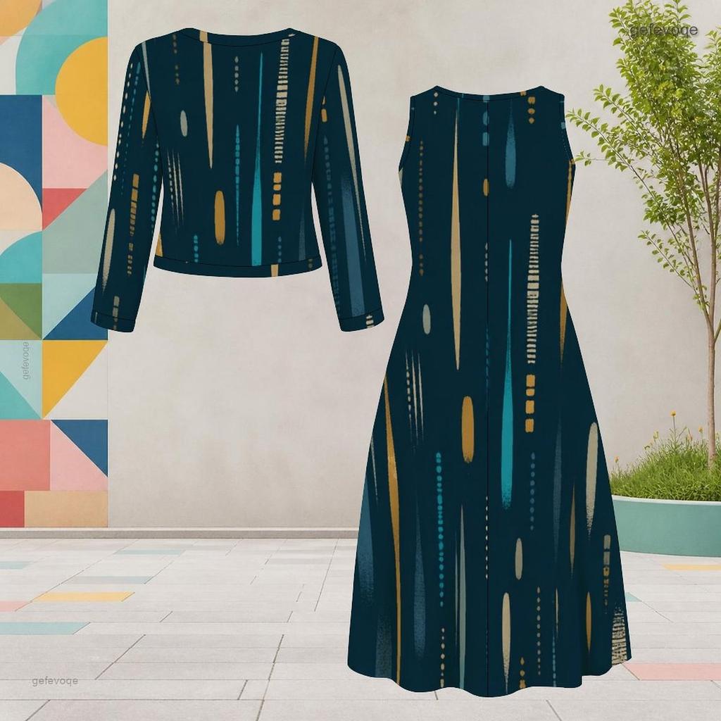Women Plus Size Printed Two Piece Set Round Neck Long Sleeve Cropped Cardigan Sleeveless Midi Dress
