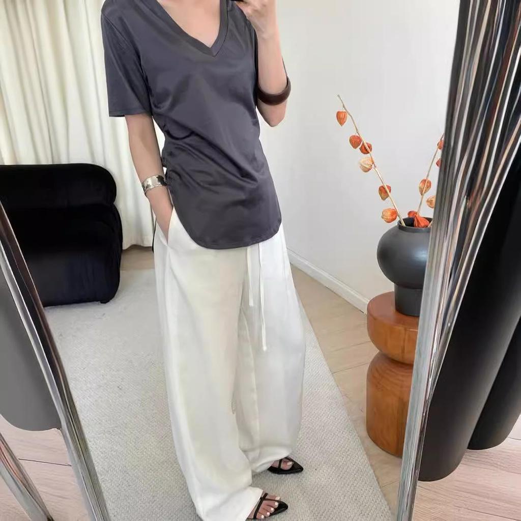 Slack Linen Wide-leg Pants Summer Loose Versatile Drawstring Straight White Casual Trousers Korean Fashion