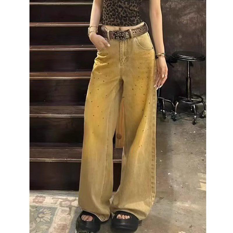 Women s 2025 Summer Retro Distressed Washed Wide-Leg Riveted Jeans L