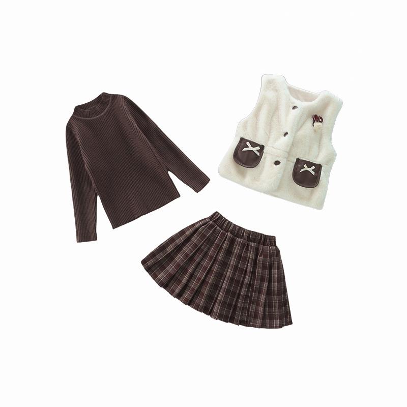 Girls' Fashionable 2025 Autumn/Winter Fur Vest & Knitted Sweater with Pleated Skirt Set