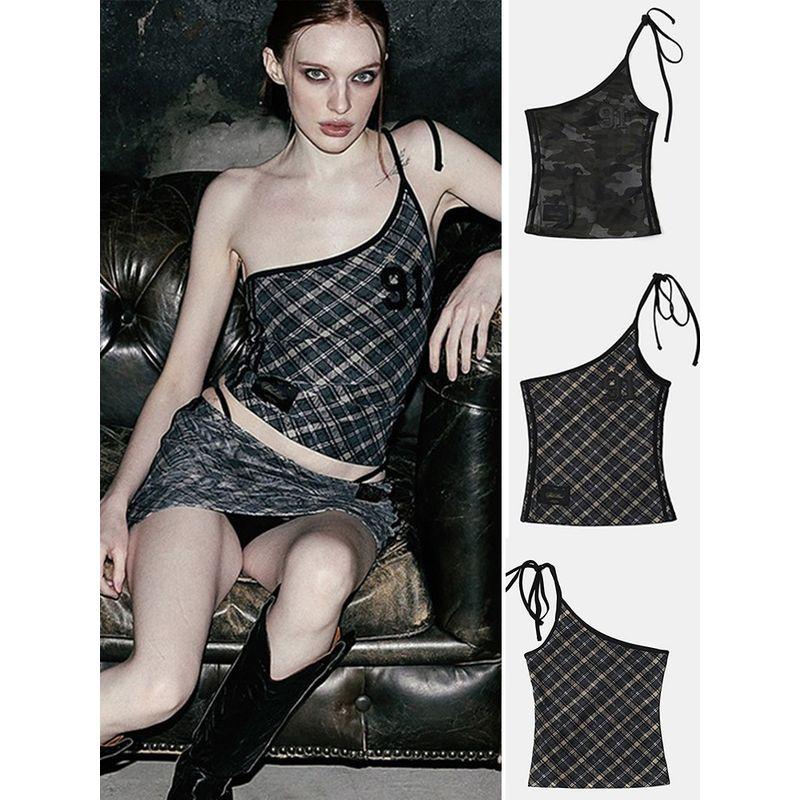 South korea Badblood American vintage Gyaru Plaid Sling Women Casual Street Sexy Pure Desire Camouflage Vest Tide