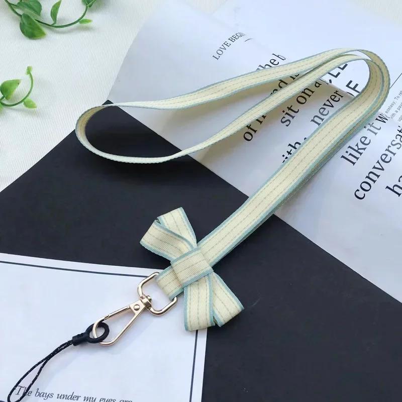Chic Casual Striped Bow Girl Mobile Phone Lanyard Portable Mini Fan Camera Key Neck Strap Office Work ID Card Holder Rope