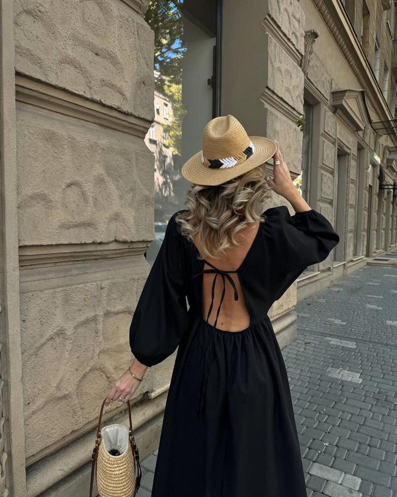 2024 Autumn European & American Long Backless Lace-Up Casual Dress