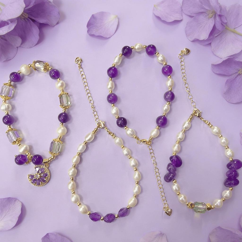 Women's Amethyst & Freshwater Pearl Adjustable Bracelet – Light Luxury Crystal Design