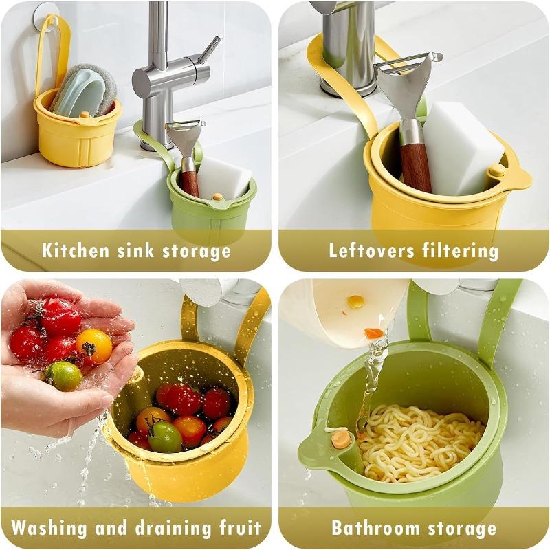 Sink Strainer Basket, Hang On Faucet Kitchen Sink Drain Basket, With Push To Empty & Detachable Fast-Drain Mesh