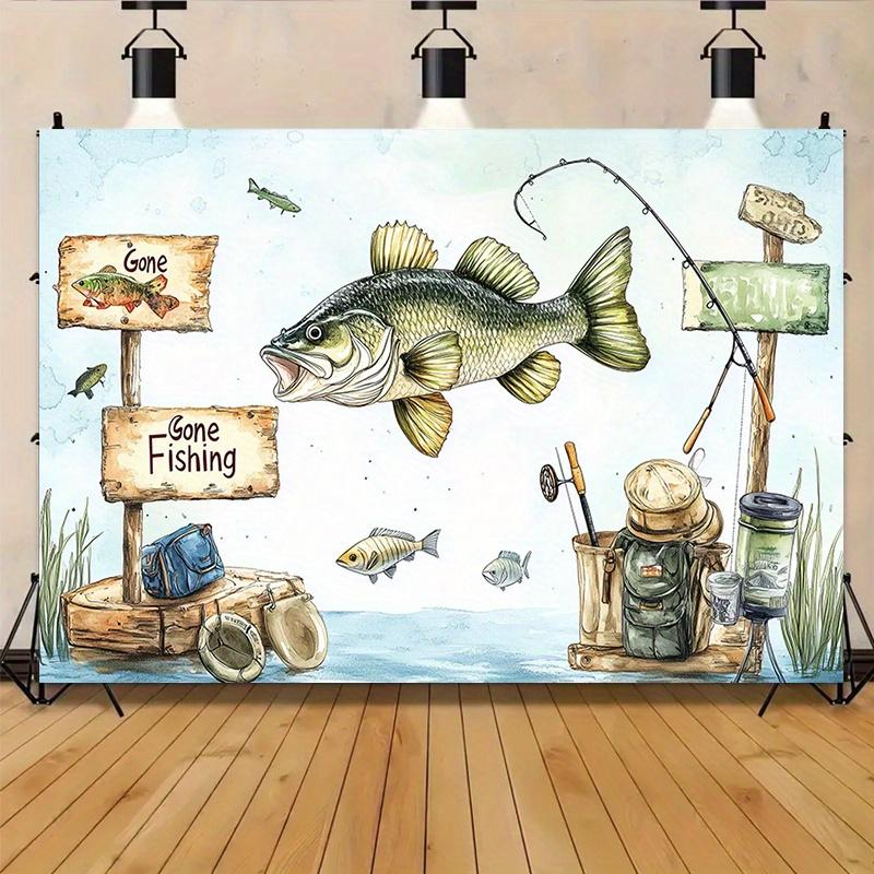1 "Fishing" party background - polyester decoration, featuring fisherman and fishing gear designs, for festival celebration