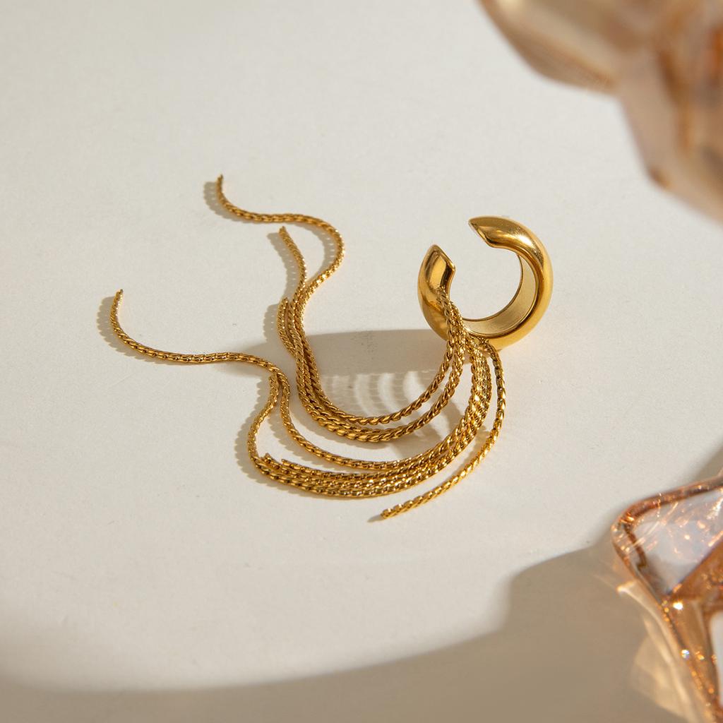 Yori 1Pc Long Tassel Drop Dangle Ear Clip Women's Metal Charms Stainless Steel Jewelry Gold Color PVD Waterproof