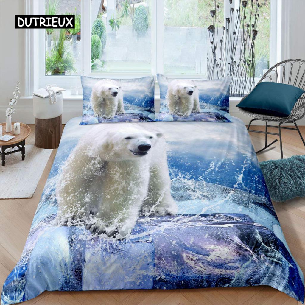 סט ציפה לפוך דובי קוטב מידה קווין סט מצעים דובי קוטב דוגמת חיה כיסוי לפוך מודפס בדוב למבוגרים בני נוער ילדים