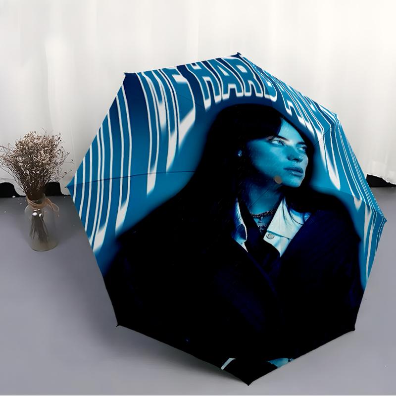 Singer Billie Eilish1 Print Automatic Umbrella, 8 Rib Iron Frame, Plastic Handle, Suitable for Outdoor Travel &Daily , Ideal Gift