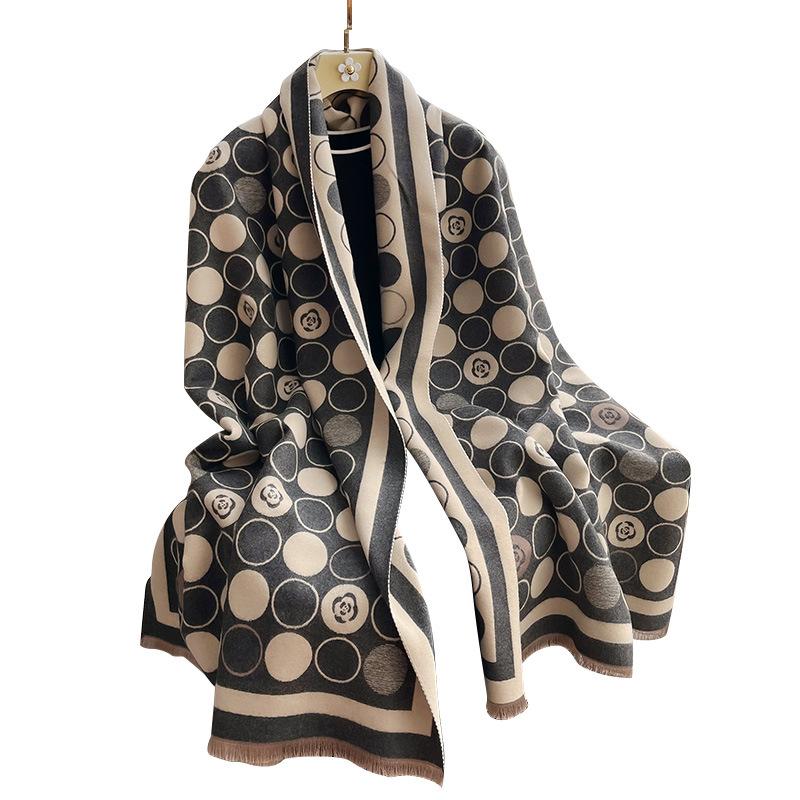 Big-Name Camellia Decoration Fashionable Imitation Cashmere Women'S Warm Scarf Short Beard Tassel Extended Shawl