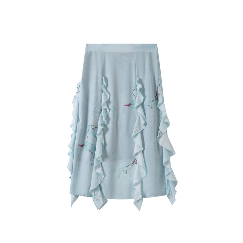 

Thelight Summer Casual Vacation Flower Skirt Print Mesh Skirts Light Green Straight H-Shaped Original Lake Green L