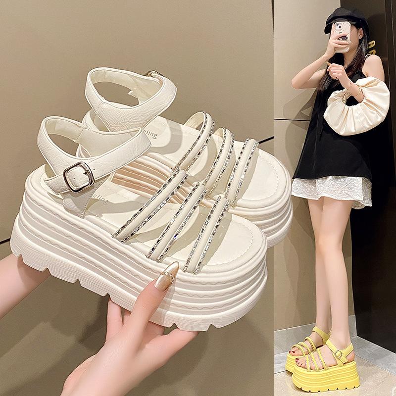 Fairy Internet celebrity muffin thick bottom word with rhinestone sandals women summer new fashion wear lightweight height 8cm
