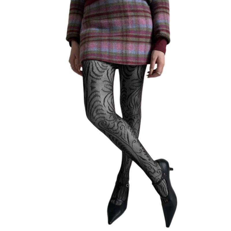 Women Vintage Hollowed Out Fishnet Pantyhose Stockings Japanese Aesthetic Exotic Patterned Sheer Mesh Tights Leggings