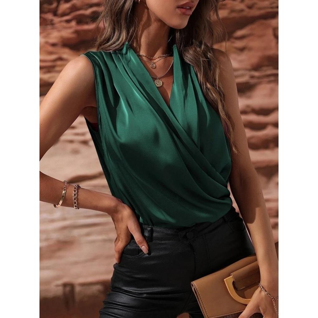 Women's Spring and Summer Sleeveless Satin Shirt Pleated Vest New Sexy Shirt