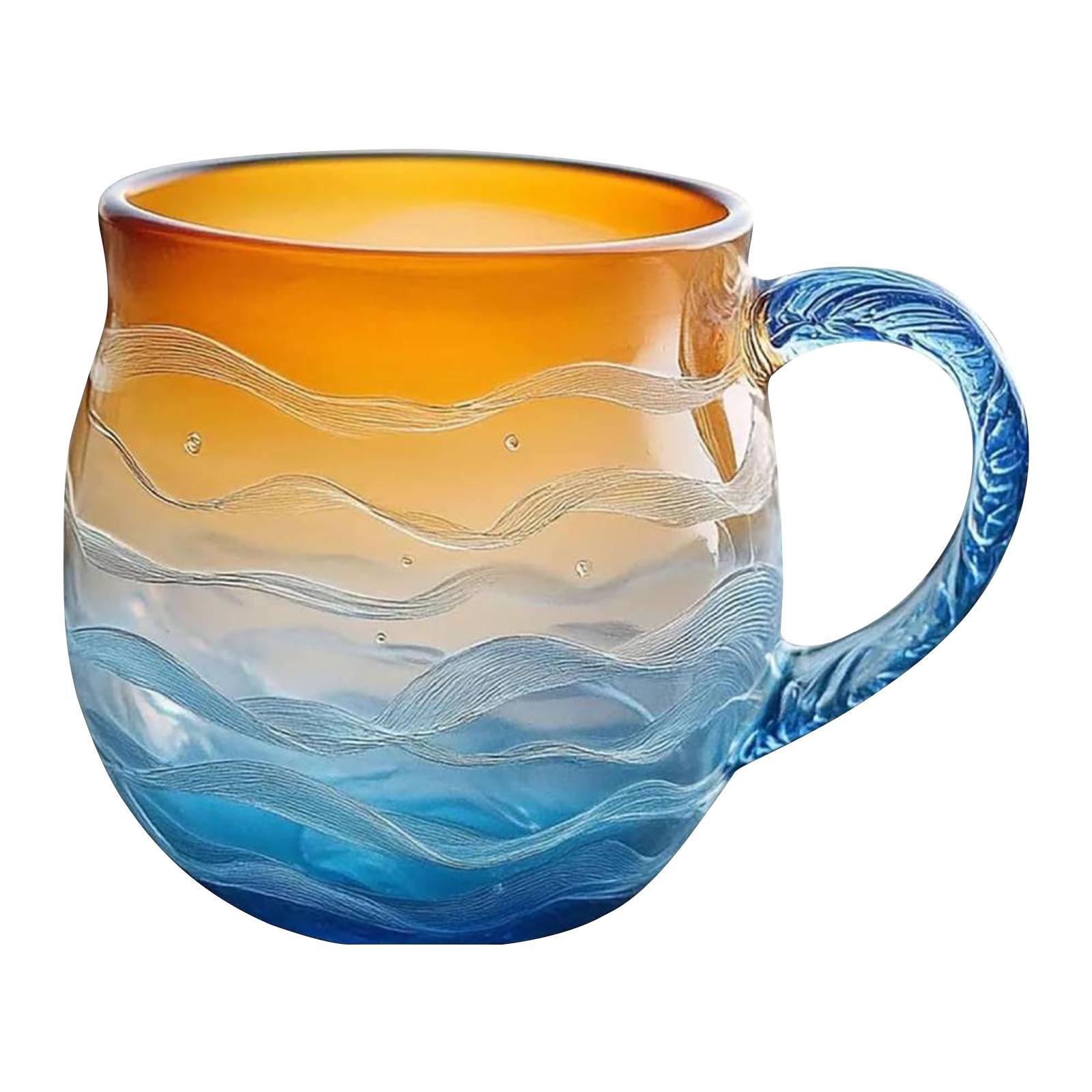 Sea Glass Wave Mug for Lovers Textured Sea Wave Design Oceanic Theme Drinking Cup Sea Glass Sunset Mug for Coffee Wine Ice Drink 301-400ml