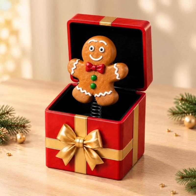 Hinged Christmas Gift Box Toy with a Spring-Mounted Figure That Rises As the Lid Opens for Holiday Gift Giving