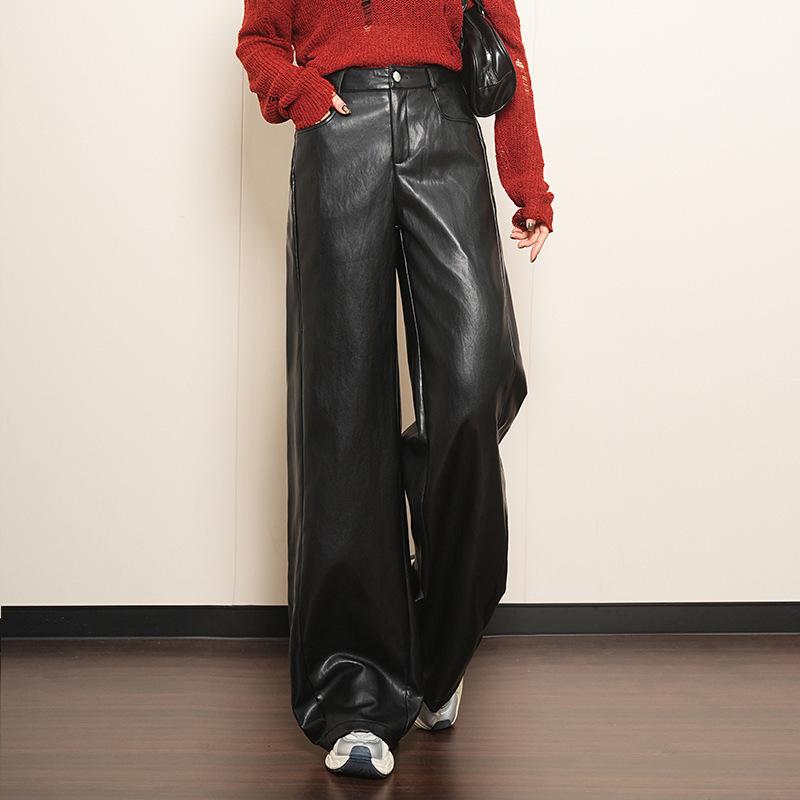 Women s High-Waisted Wide-Leg Leather Pants - 2025 Autumn/Winter Collection L