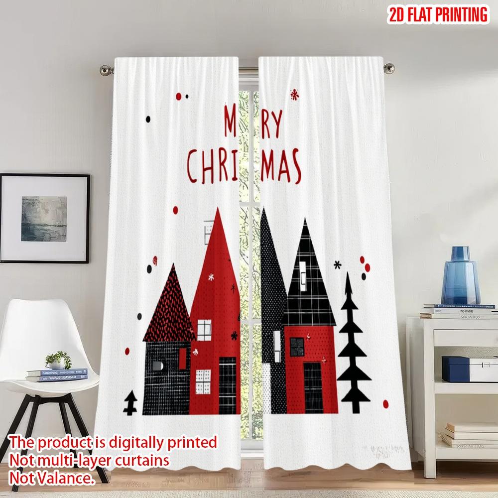 

Set Of 2 Flat Printing Fashionable Christmas Curtains Village Snow Holiday Digital Printed Polyester Drapes Family Curtain W100*H70(CM)-Hooks&2PCS