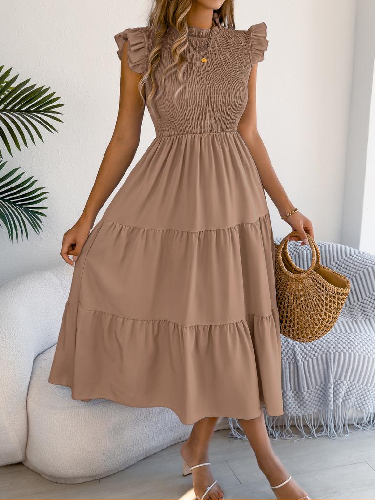 women's Ruffle Trim Smocked High Waist Midi Dress A Line Tiered Casual Summer Sundress