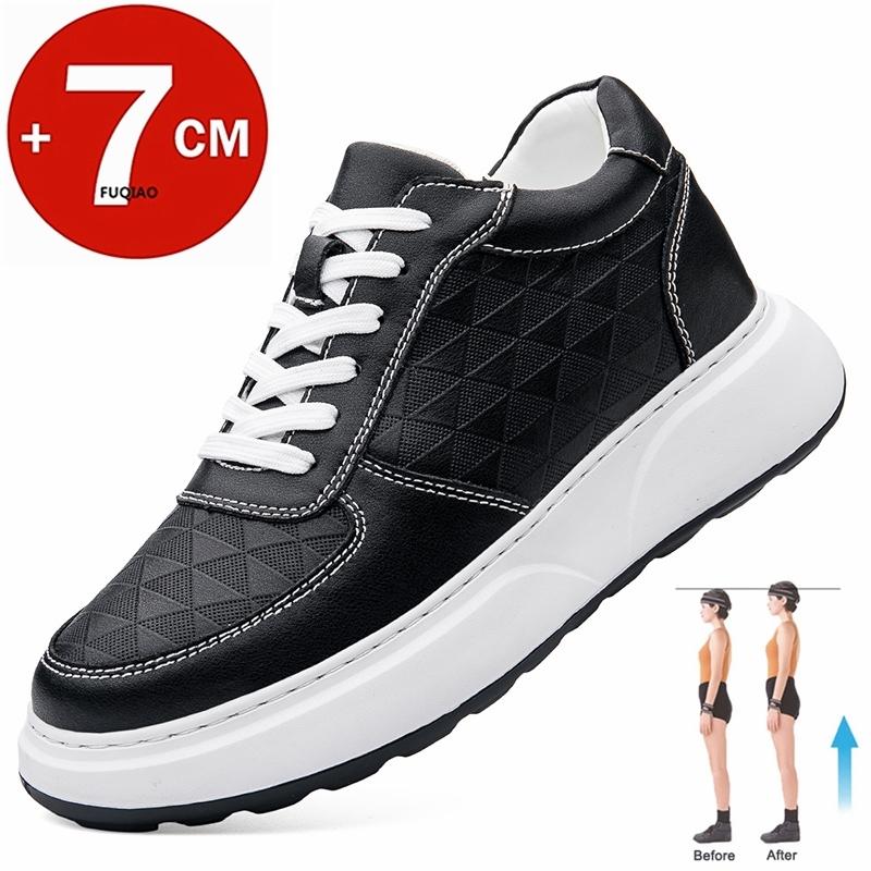 White Leather Sneakers with Thick Soles Elevator Men Shoes Outdoor Men Formal Shoes 7CM Invisible Inner Height Increasing Sports
