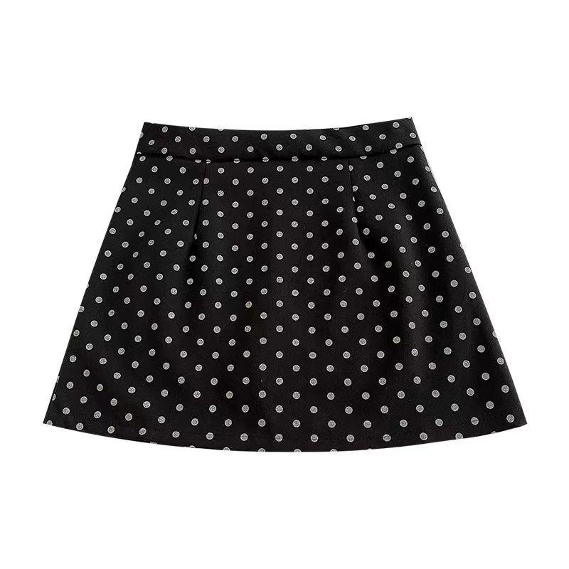 Modă Toamnă 2024 Fustă Midi A-line Albă cu Buline, cu Talie Înaltă și Tiv în Trepte