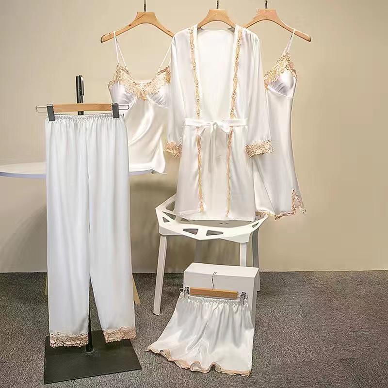 Women's Five-Piece Silk Pajama Set - Sensual Padded Nightdress and Battleship Print for Spring & Summer