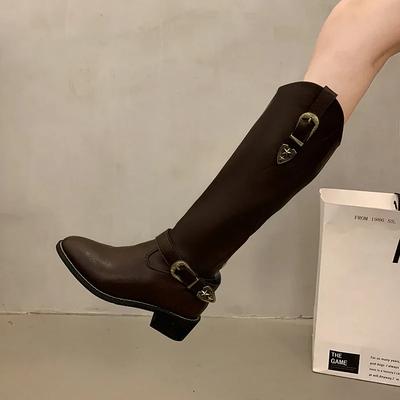 Modne Botki Skórzane w Stylu Vintage Damskie Klamra Pasek Szpiczaste Platforma Kowbojki Western Jesień Zima Głęboki Dekolt V Wysoka Cholewka Botki Casual