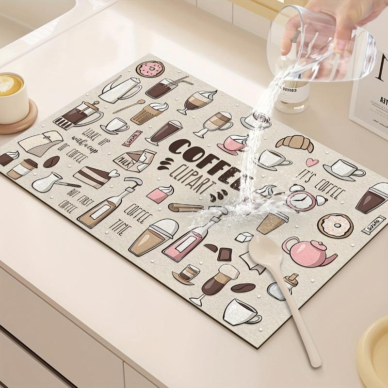 Coffee Graffiti Pattern Drainage Mat, Non-Slip Rubber Absorbent Placemat Perfect Accessory for Kitchen Countertops Home Decor