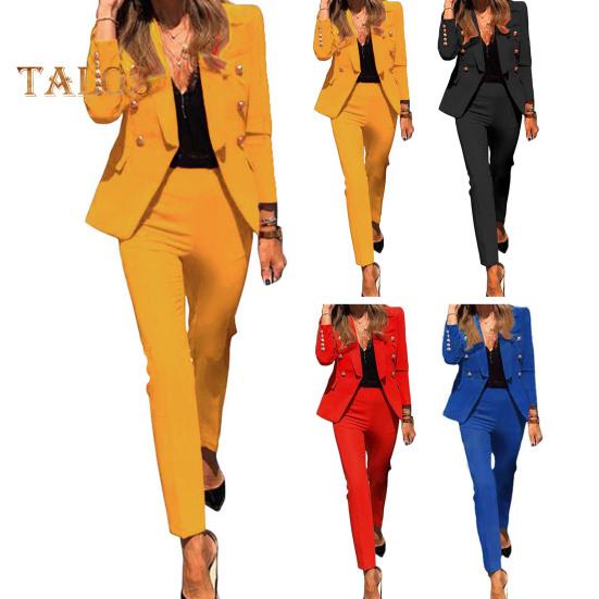 2 ks/sada Lady Formal Coat Kalhoty Set Dlouhé rukávy Knoflík Dekor Klopa Cardigan Bunda střední délky Rovná Vysoký pas Kalhoty Formální Business