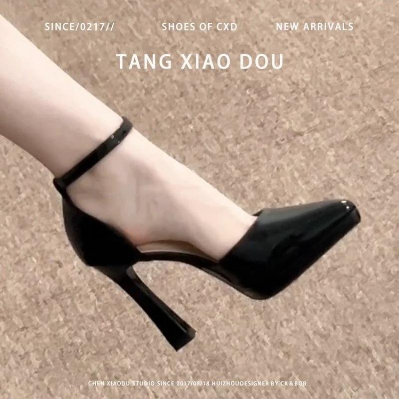 Fashion Platform One Strap High Heels Women's Medium Block Heel Summer New Pointed Toe Black Single Sandals