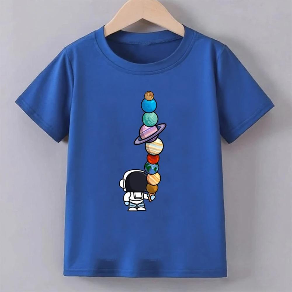 Teenage Astronaut Planeet Print T-shirt Summer Boys Fashion Casual Funny O-Neck Short Sleeve Children Colorful Tops T-shirt
