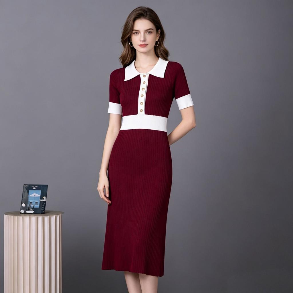 European and American Contrasting Color Lapel Short-sleeved Dress Summer Waist Slim and Thin Knitted Dress Women