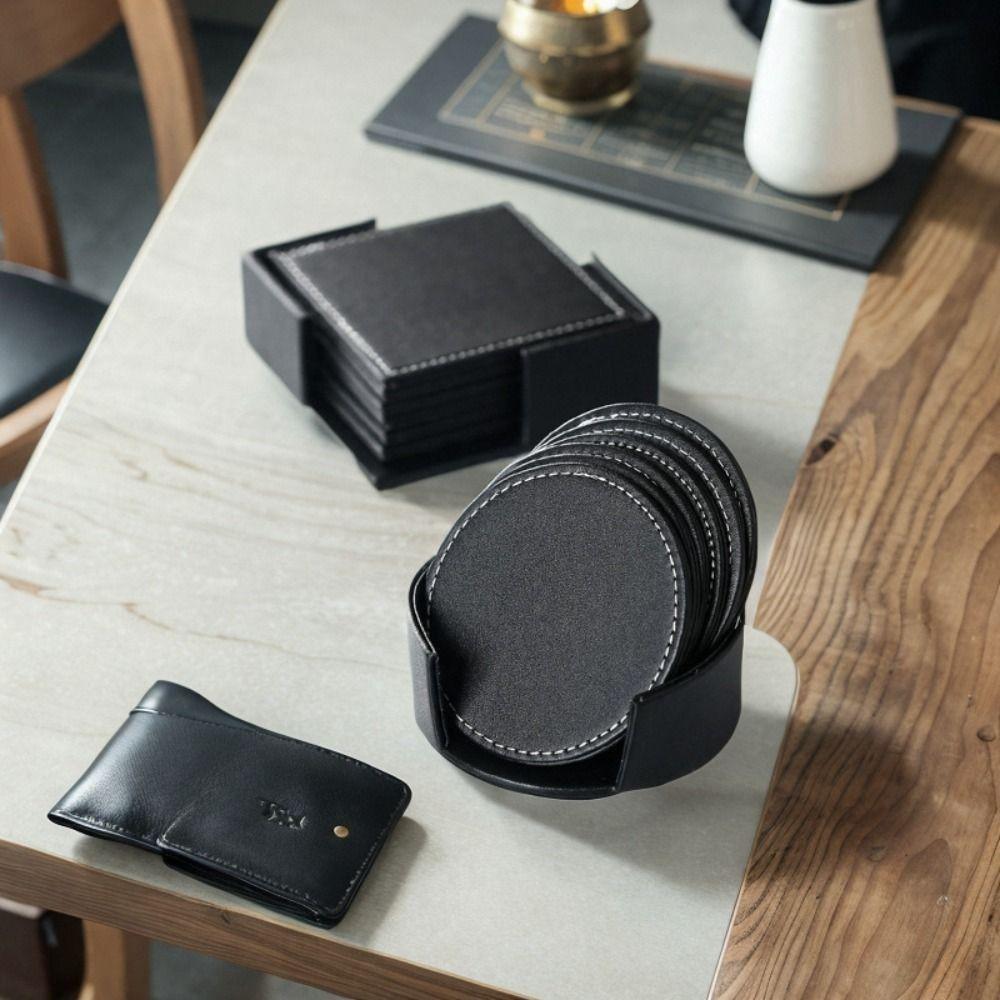 6Pcs Business Leather Coaster Heat-resistant Insulation Mat Durable Tableware Pads  Kitchen