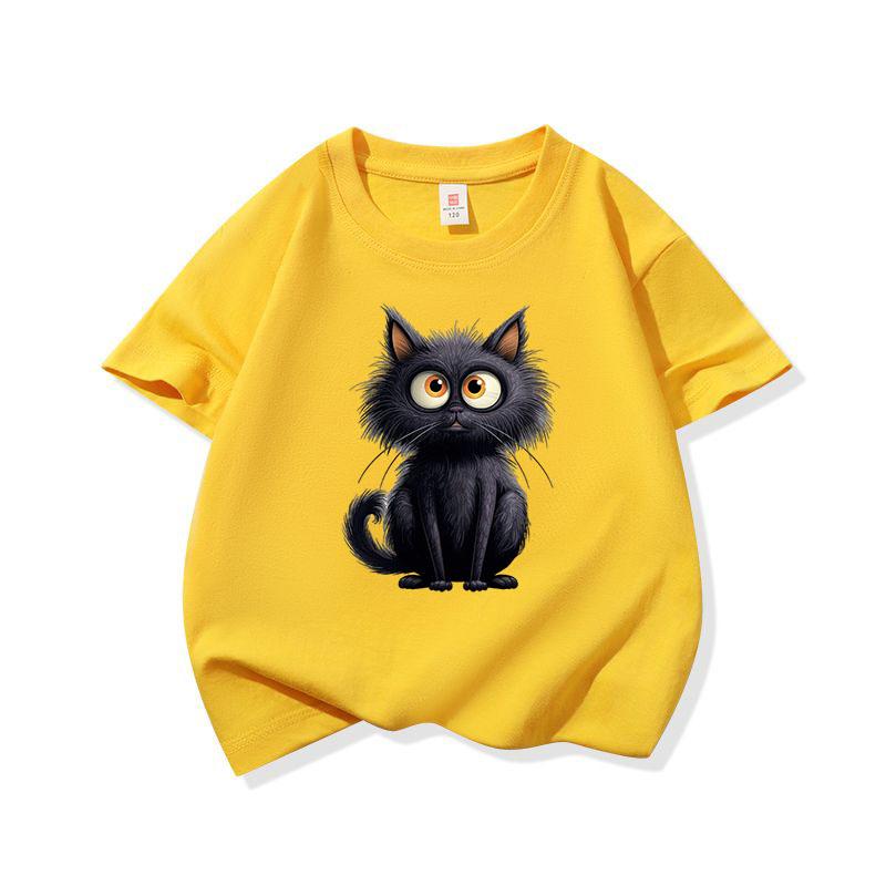 Cute Black Cat Graphic Tee Kids 100 Cotton Crew Neck Casual Breathable T Shirt Short Sleeve Muticolor Tops For Sweet Girls Boys