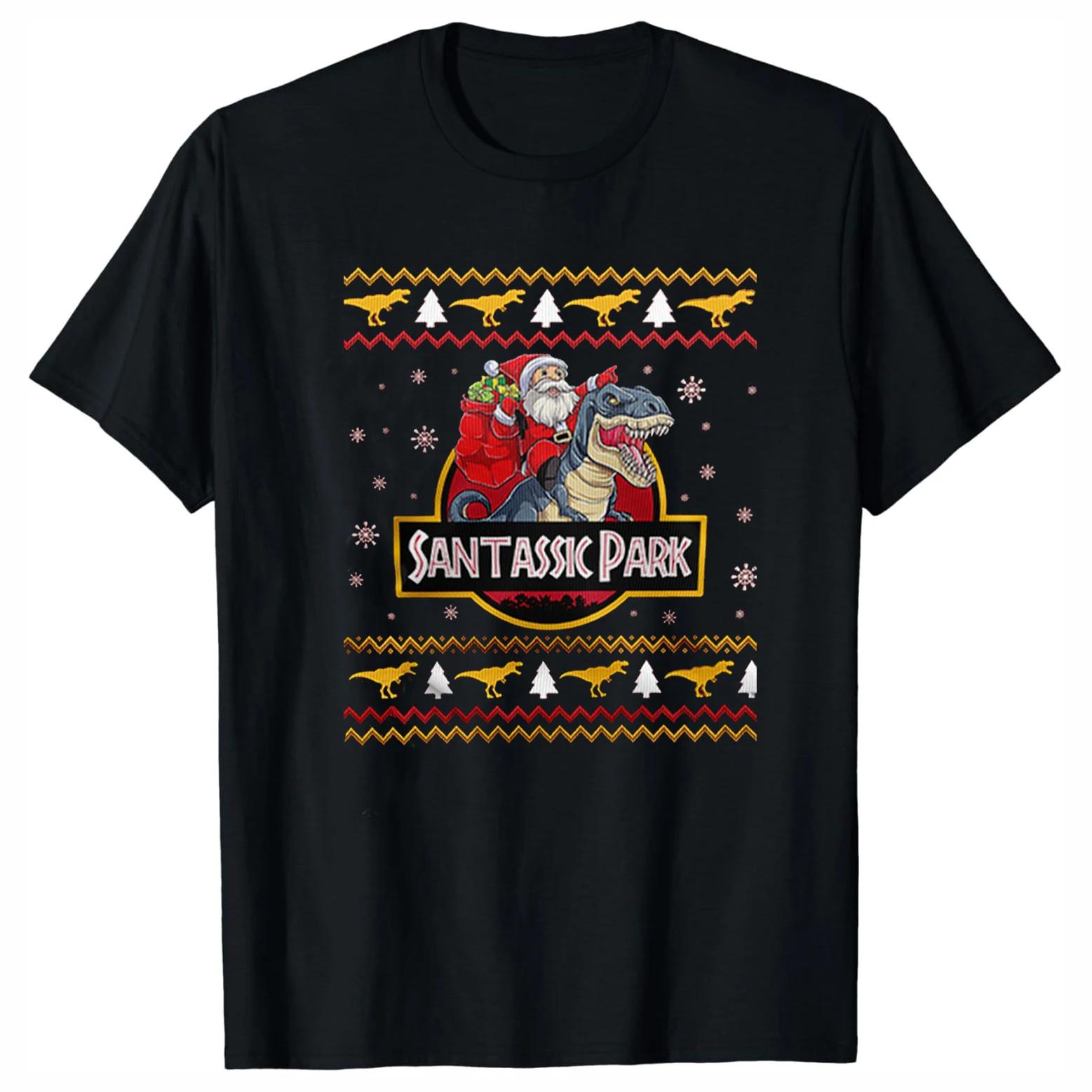 Funny Santassic Park Santa Riding TRex Christmas Dinosaurs TShirt 100 Cotton ONeck Summer Short Sleeve Casual Mens Tshirt S