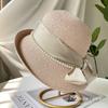 French celebrity style flat top top hat new summer elegant pearl straw seaside sun hat children