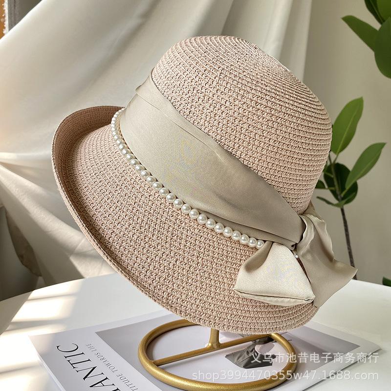 French celebrity style flat top top hat new summer elegant pearl straw seaside sun hat children