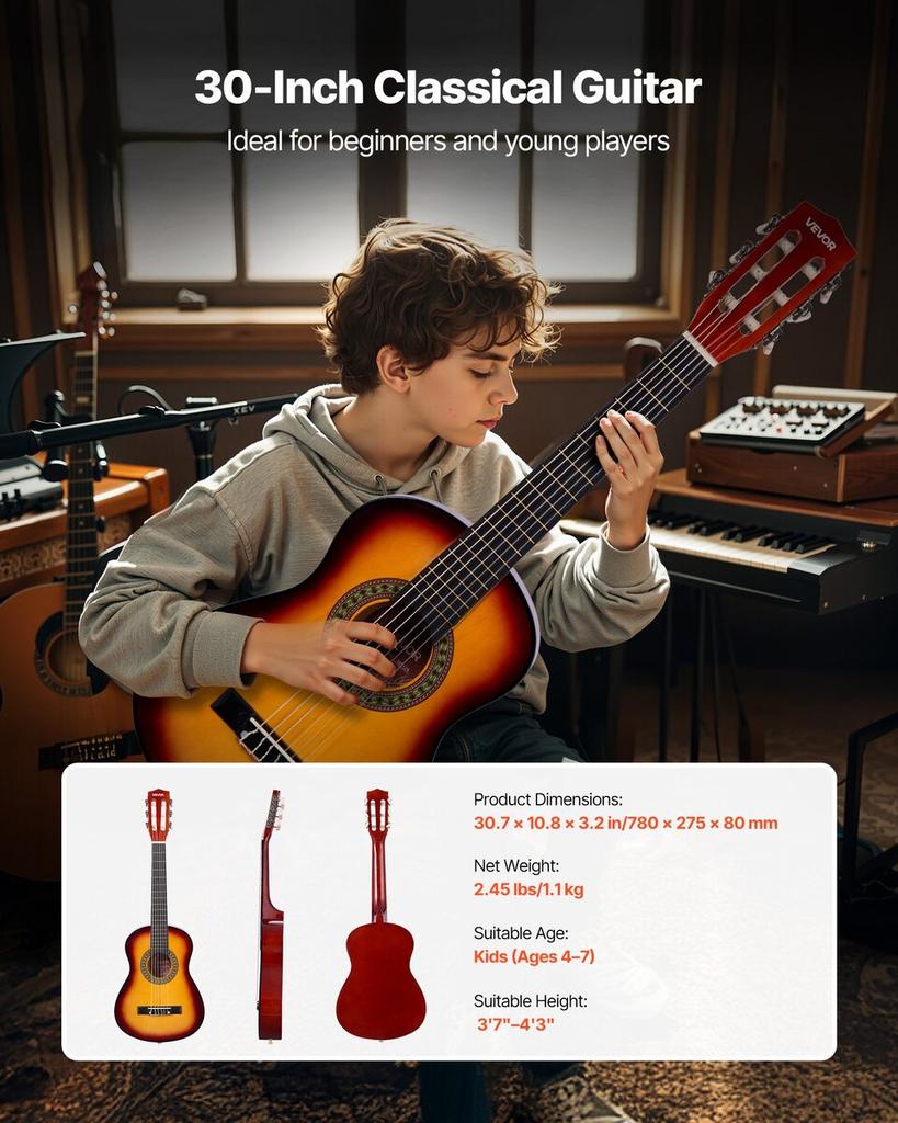 Classical Guitar, 780 mm, Wood Classical Guitar Starter Kit for Beginners, with Nylon Strings, Gig Bag, Strap, Tuner, Extra Strings, Picks, Capo,