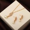 Trendy Rhinestones Hollow Out Leaf Imitation Pearl Pendant Necklace Drop Earrings for Women Elegant Vintage Jewelry Sets Gift