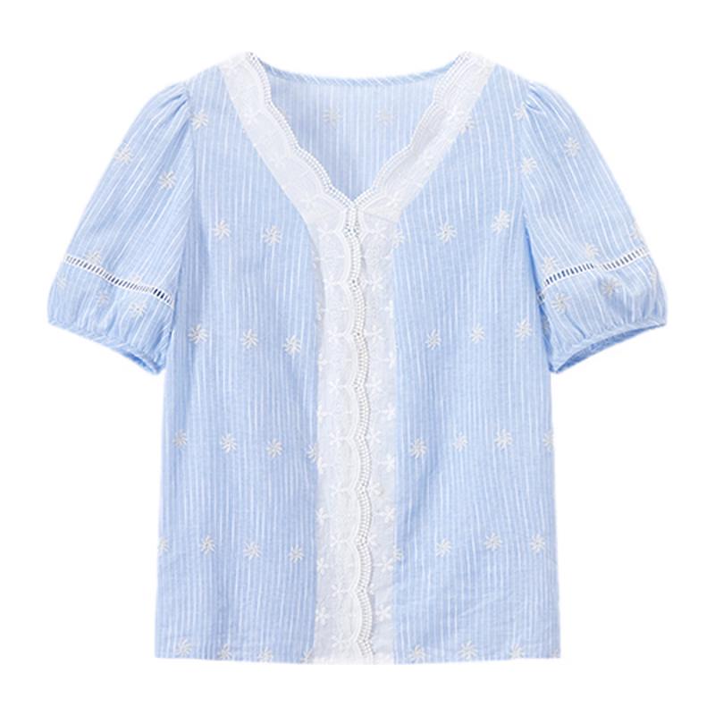 French V-Neck Bubble Sleeve Jacquard Lace Cotton Shirt S