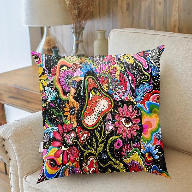 45x45cm Psychedelic Mushroom Pillowcase Plant Floral Eye Art Design Suitable for Bedroom Room Home Decoration Sofa Cushion Cover