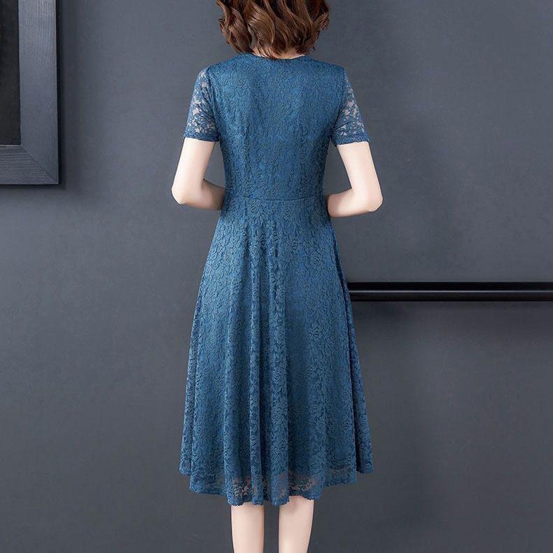 Sexy Lace Dress Women's Short Sleeve Summer Mid Length Dress Ladies Style Slim Dress Solid Color Casual Dress