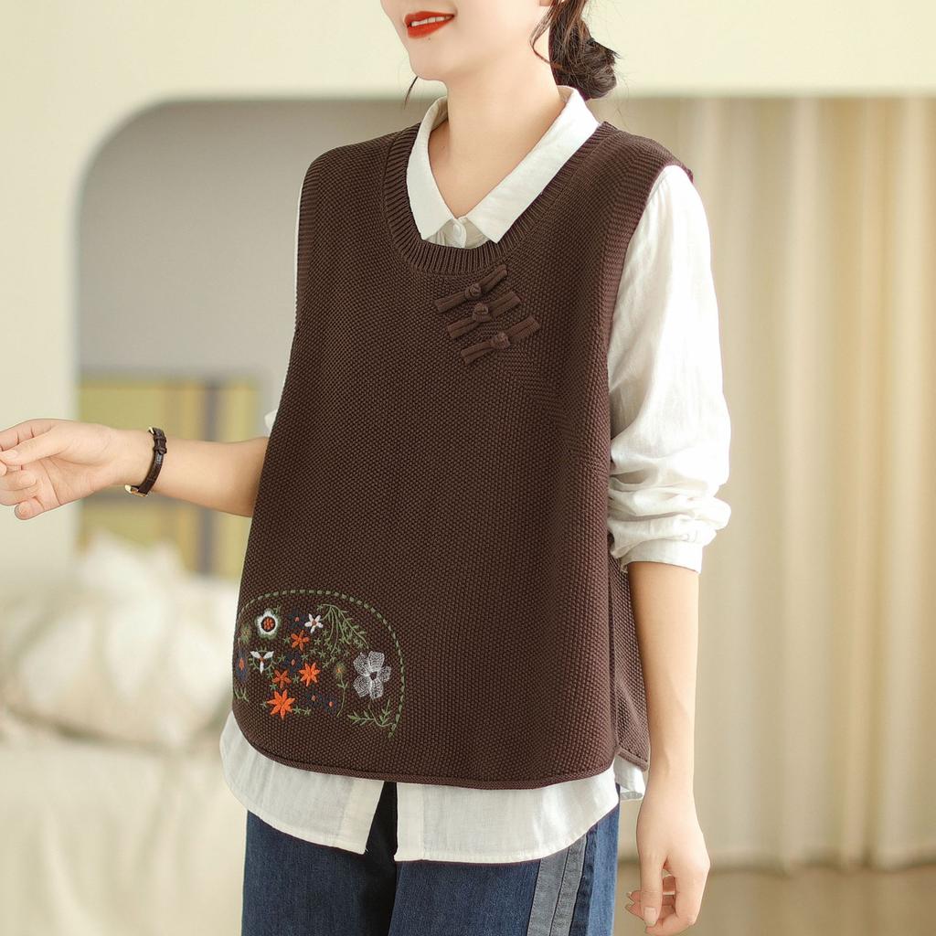 Johnature Damskie kamizelki dzianinowe Vintage bez rękawów z okrągłym dekoltem, haftowane kwiaty, ciepłe tkaniny, jesienne guziki, swetry, kamizelki