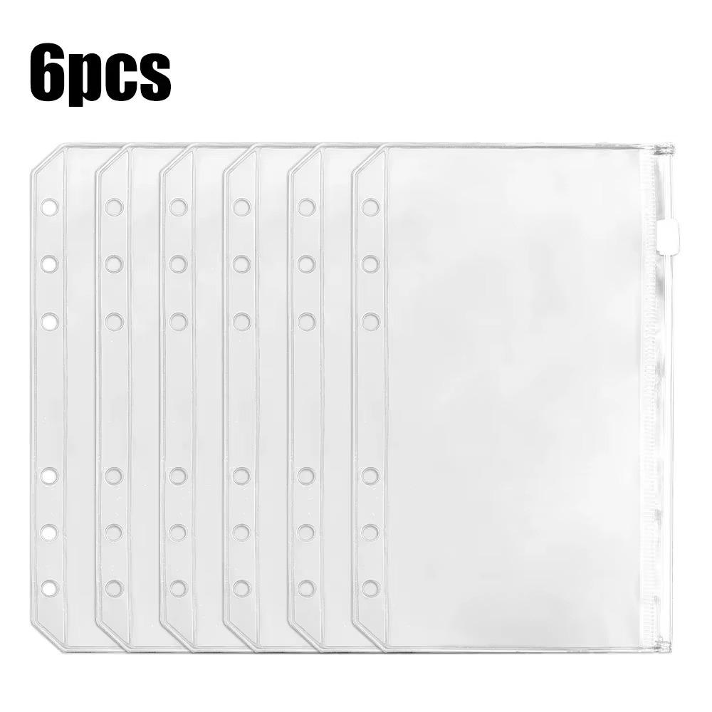 6Pcs New A6 6-Hole Binder Pockets PVC Transparent Zipper Binder Pouches Waterproof Receipt Bag Zipper Bag