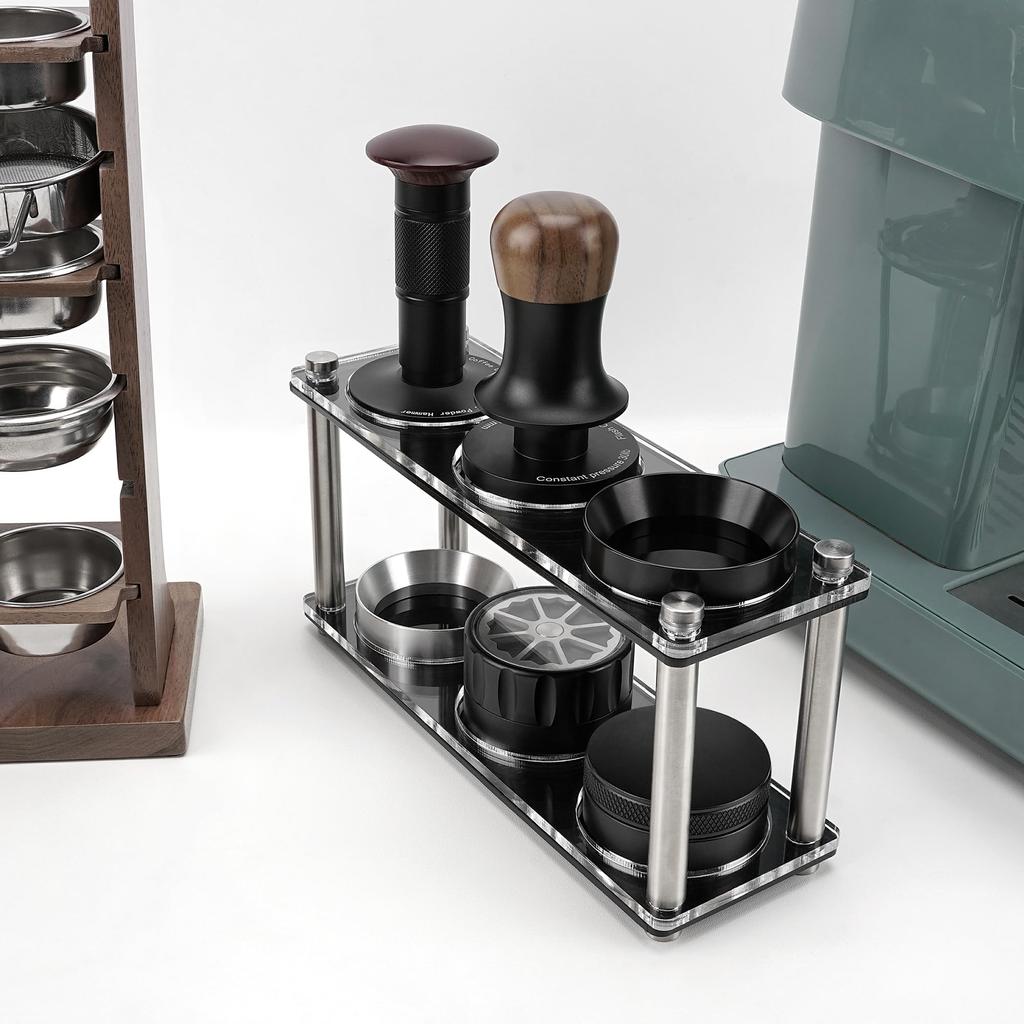 TOCCOOL Espresso Tamper Holder, Double-Layer Acrylic Stand for 515358mm Flour Presses, Distributors, and Measuring Rings, Holds 6 Barista Accessories